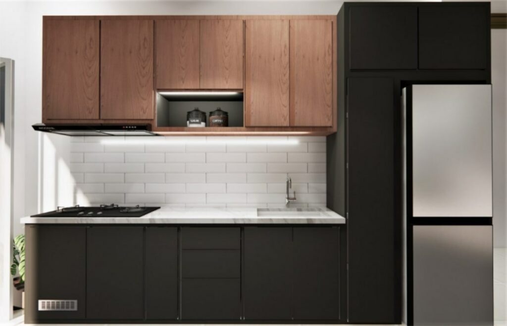 Kitchen set aluminium motif kayu dalam desain dapur modern